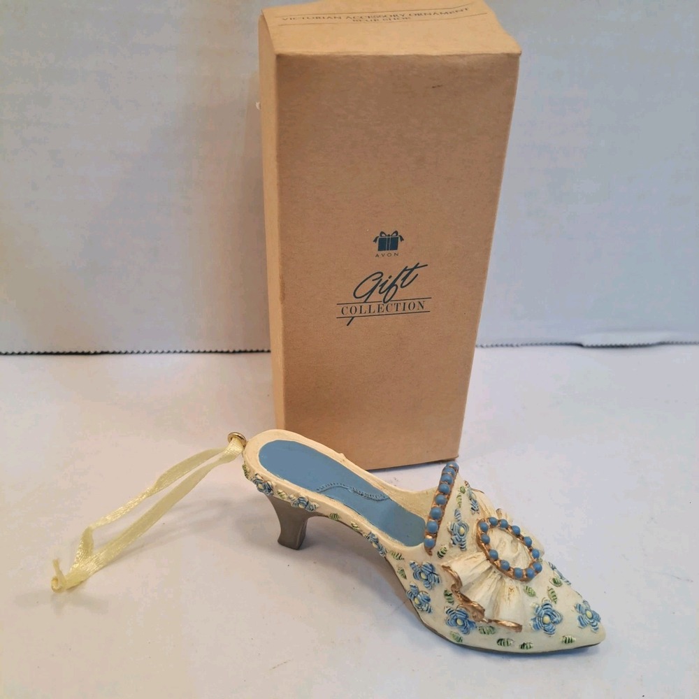 Avon Victorian Floral High Heel Shoe Hanging Ornament Cream Blue Gift Collection